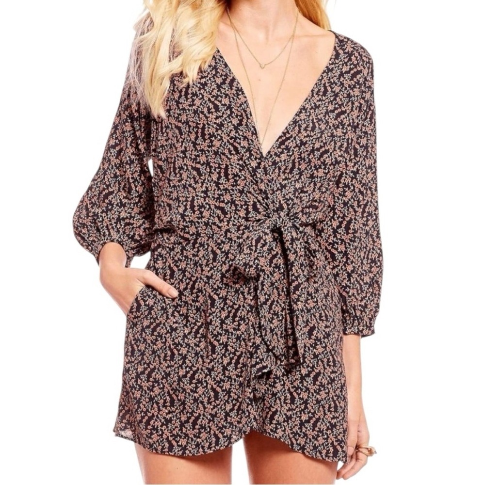 Free People Black Floral Print Tie Waist V Neck Mini Dress Womens XS boho beach